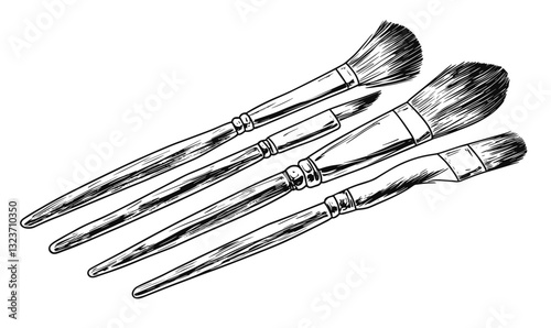 Set of four detailed paint brushes in linear style, icons set, vector.