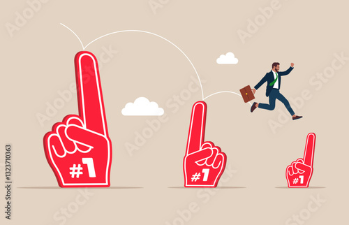 Businessman jumping from big to the small fan foam finger with number one. Support is falling and decreasing. Modern vector illustration in flat style. 
