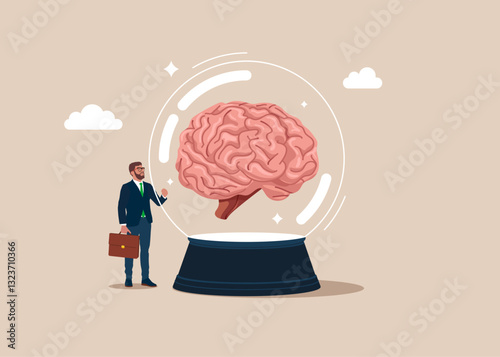 Tiny businessman with crystal magic ball with a human brain. Brainstorming. Idea, Financial and investment growth. Vector illustration