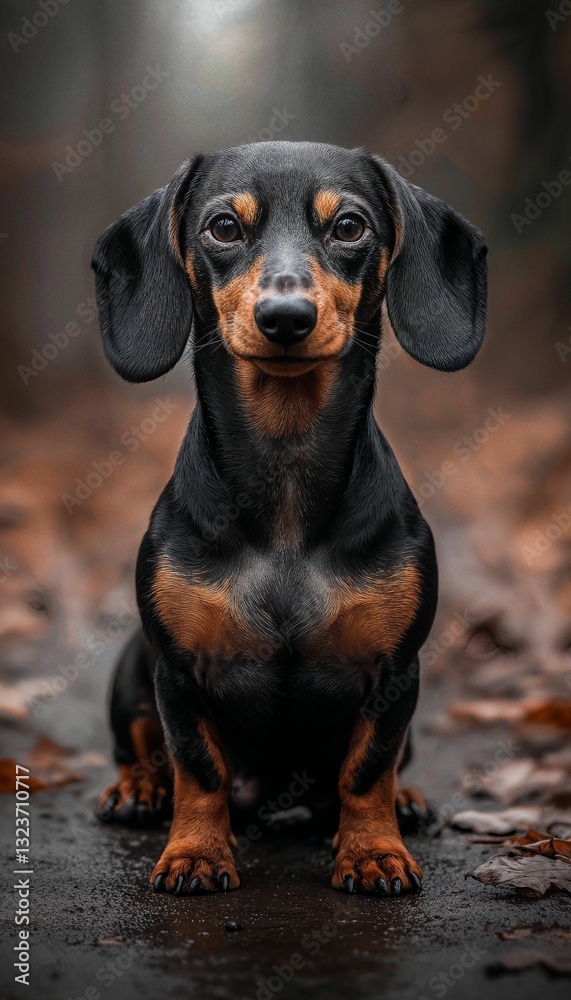AI-generated dachshund puppy sitting on a path with autumn leaves AI-generated dachshund puppy sitting on a path with autumn leaves