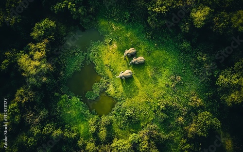 Aerial view of three elephants in a lush green forest clearing.  Serene wildlife habitat.  Nature conservation.