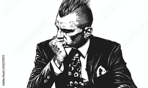 Thoughtful punk businessman in black suit, linear style icons set, vector.
