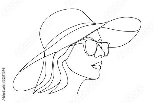 Elegant Woman's Profile, Sun Hat, Sunglasses, One Line Art, Minimalist Drawing, Fashion Illustration, 