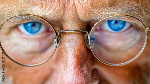 Senior Intensity Close-Up Portrait of a Man with Piercing Blue Eyes and Old-Fashioned Glasses photo