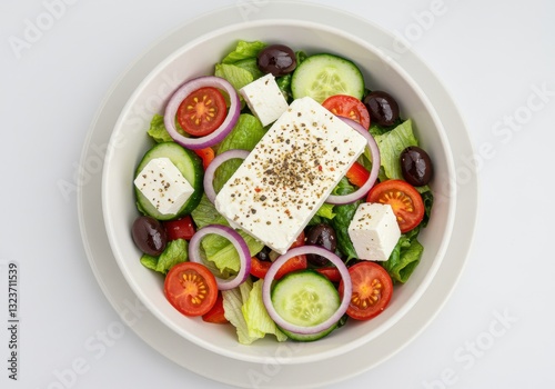 Wallpaper Mural A fresh and vibrant Greek salad served in a white ceramic bowl placed on a white plate Torontodigital.ca