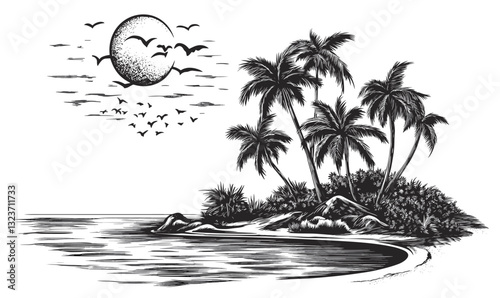 Tropical beach with palm trees and birds under moonlight in black and white vector, flat icons set.