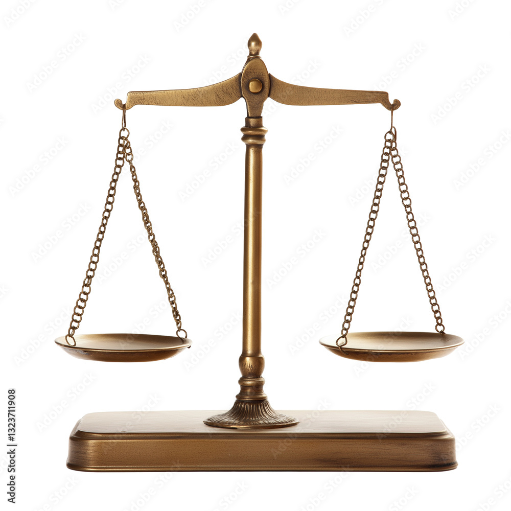 Antique brass scales with weights isolated on transparent white background