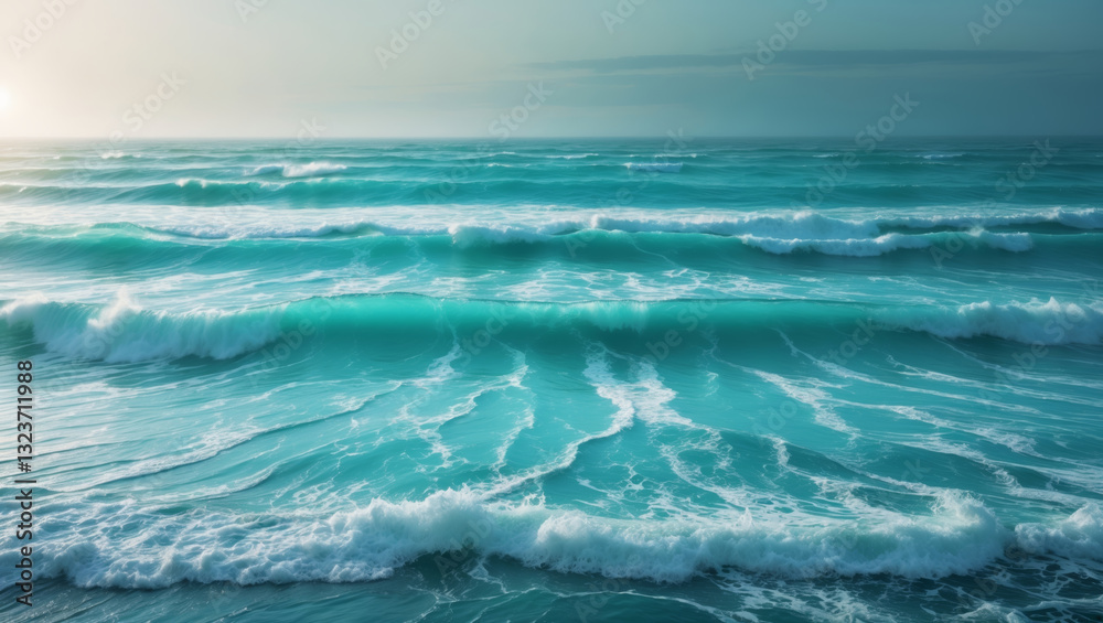 Fototapeta premium Turquoise ocean waves gently roll onto shore under a soft sunrise, creating a calming seascape.