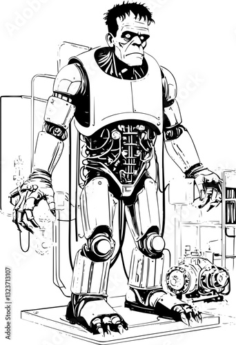 SVG vector features Frankenstein as a mechanical cyborg. Vintage Robot Character in Black and White Style Illustration