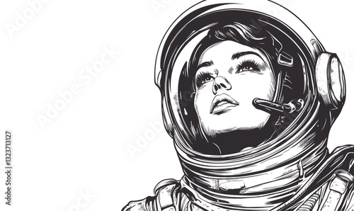 Female astronaut in helmet looking up, space exploration, black and white, linear design, icons set, vector.