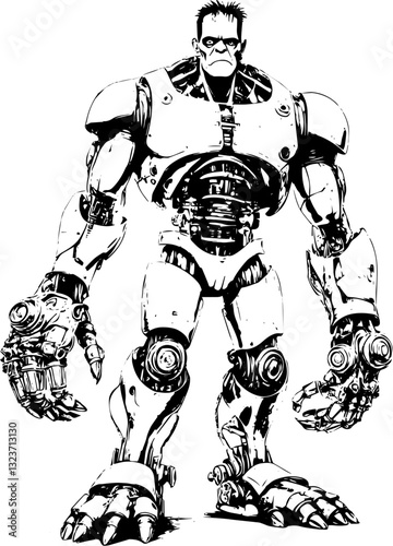 SVG vector features Frankenstein as a mechanical cyborg. Futuristic Robot Character in Bold Black and White Design