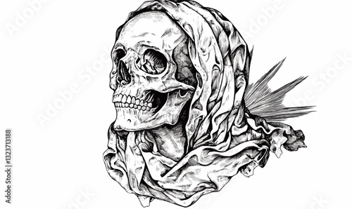 Skull with draped cloth and feathers, monochrome, linear icons set, vector.