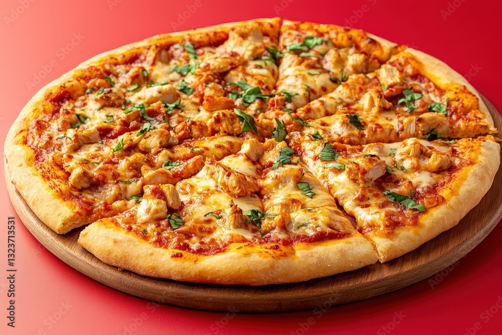 A delicious freshly baked pizza with chicken and green herbs A delicious freshly baked pizza with chicken and green herbs