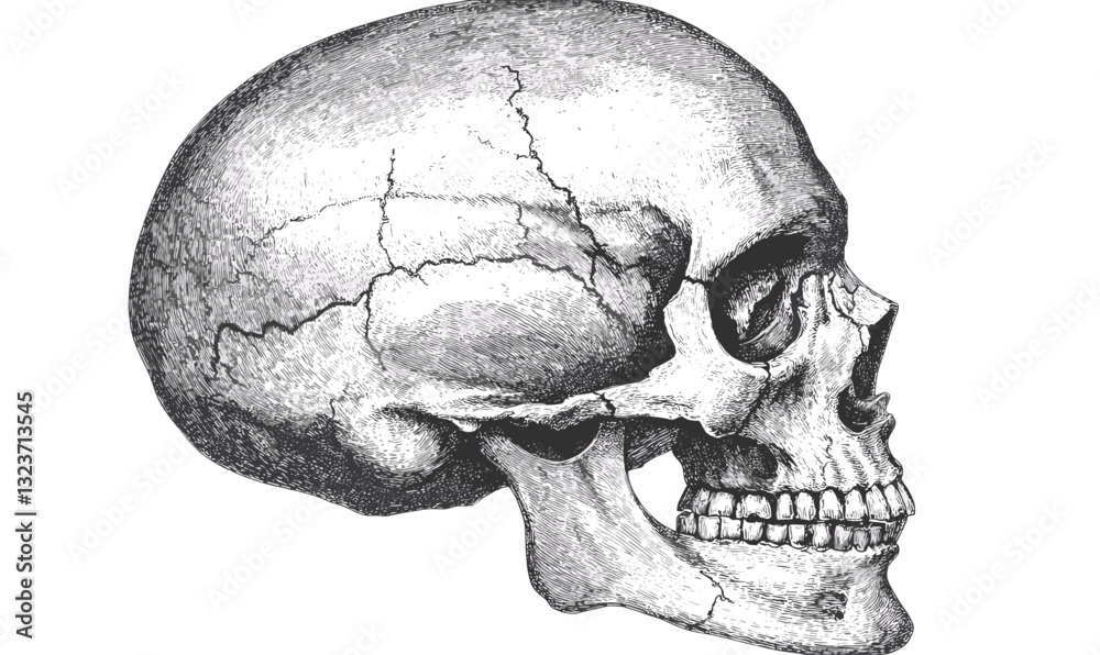 Human skull side view, anatomical study, detailed line art icons set, linear vector. Human skull side view, anatomical study, detailed line art icons set, linear vector.