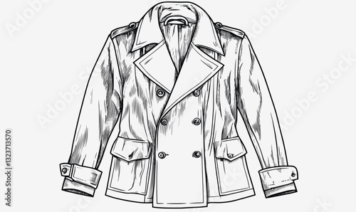 Stylish trench coat drawing in linear style - fashion jacket icons set - vector.