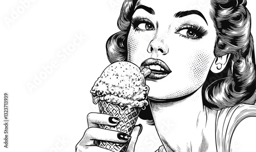 Retro woman with ice cream, vintage style, pop art, flat icons set, vector.
