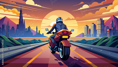 Motorbiker riding on empty road with sunset sky