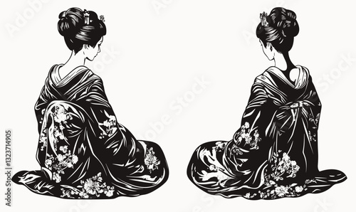 Traditional japanese women in kimonos, floral pattern, flat icons set - vector.