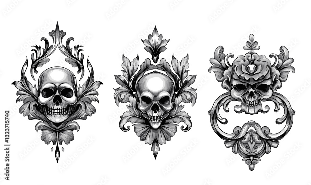 Fototapeta premium Gothic skull ornament icons set with intricate floral details, vector, linear style.