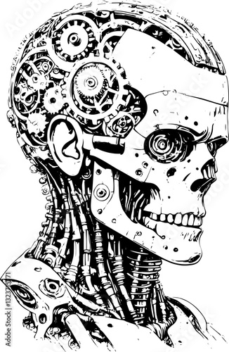 SVG vector features Frankenstein as a mechanical cyborg. Monochrome Robotic Skull Design with Mechanical Details