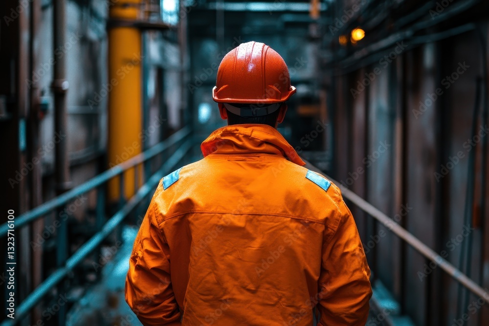 Worker in orange safety jacket and helmet walks down industrial corridor. Image ideal for construction, safety, and industrial themes. Worker in orange safety jacket and helmet walks down industrial corridor. Image ideal for construction, safety, and industrial themes.