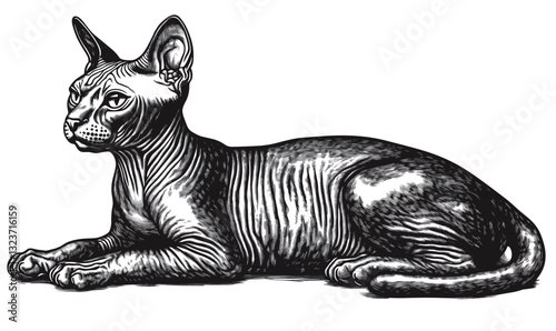 Sphynx cat illustration in black ink outline - linear vector icons set.