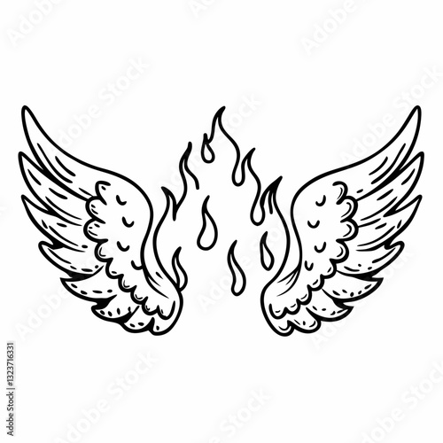 Hand Drawn Wings with Flames  Illustration for Tattoo and Design