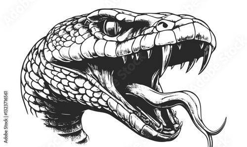 Detailed snake with open mouth, exposed fangs and tongue outlines - linear vector icons set.