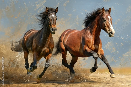 High Definition Picture of Two Young Horses Running Side by Side in a Field