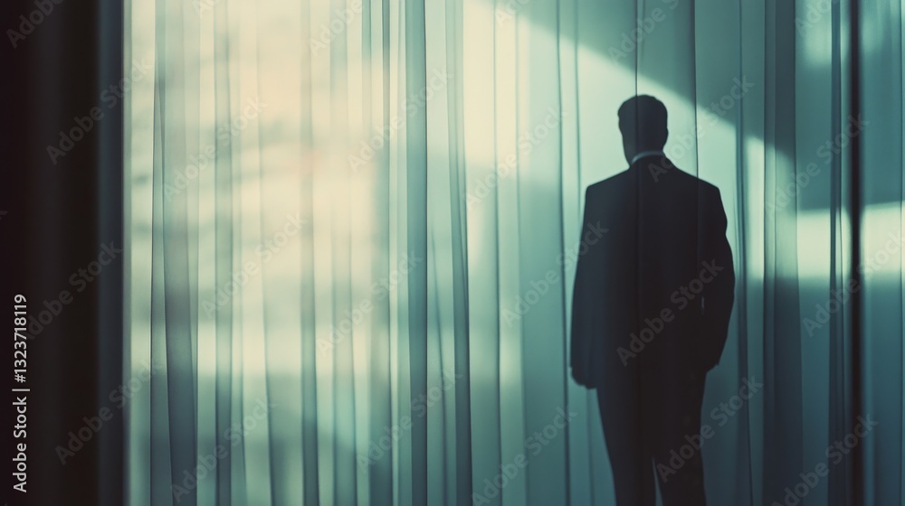 A silhouetted figure stands by translucent curtains, contemplating in a pool of soft, diffused light, evoking mystery and introspection. A silhouetted figure stands by translucent curtains, contemplating in a pool of soft, diffused light, evoking mystery and introspection.