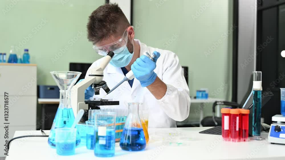 male scientist working with micro pipettes analyzing biochemical samples, advanced science chemical laboratory for medicine. male scientist working with micro pipettes analyzing biochemical samples, advanced science chemical laboratory for medicine.