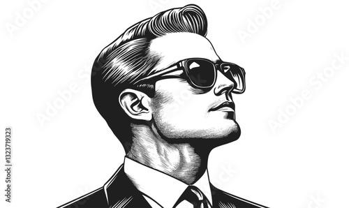 Stylish man in sunglasses wearing suit and tie, linear art icons set.