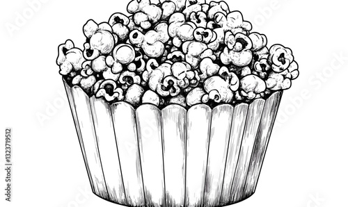 Delicious popcorn in a striped cup illustration, monochrome snack icons set, linear vector.
