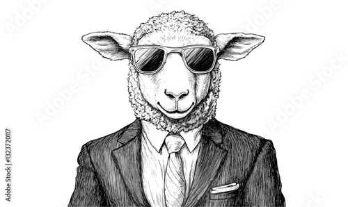 Sheep in suit wearing sunglasses, animal character, vector, linear style, icons set.