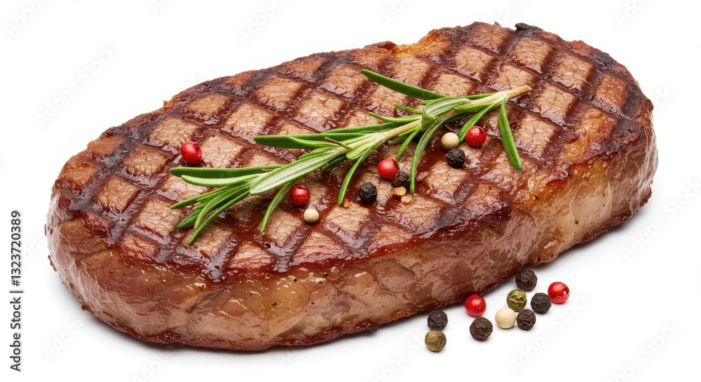 A juicy freshly grilled steak with beautiful sear marks garnished with a sprig of fresh rosemary and a mix of red and black peppercorns A juicy freshly grilled steak with beautiful sear marks garnished with a sprig of fresh rosemary and a mix of red and black peppercorns