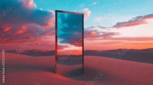 A surreal portal frame stands among vast desert sands, reflecting clouds and sky, merging reality with imagination.
