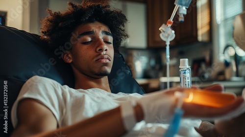 Teenager with hemophilia receives home infusion demonstrating independence and self-care during World Hemophilia Day awareness
