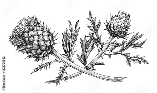 Detailed hand-drawn artichoke plant illustration, black and white, botanical graphic, linear icons set, vector.