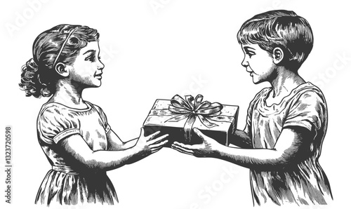 Children exchanging gift - black and white linear icons set.