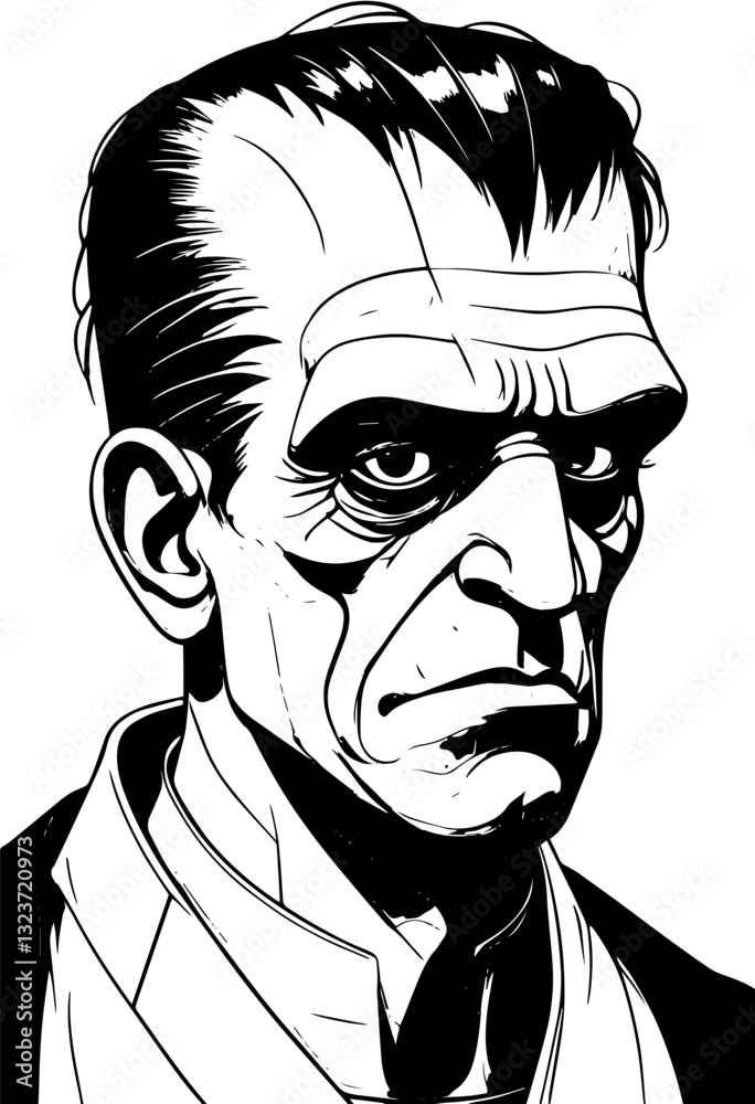 SVG vector features symbolic Frankenstein designs in artistic style. Stylized Portrait of a Gloomy Man in Black and White SVG vector features symbolic Frankenstein designs in artistic style. Stylized Portrait of a Gloomy Man in Black and White