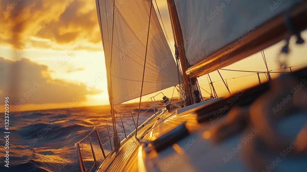 Fototapeta premium A sailboat glides through golden waves as the sun sets, painting the sky with warm hues and capturing the spirit of adventure at sea.