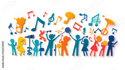 A cut-out of a school choir rehearsal with music notes, microphones, and conductor icons on a white background