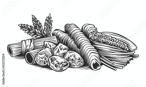 Cereal and grain foods in linear style, icons set, vector.