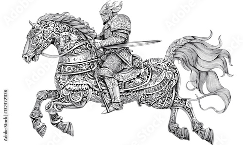 Knight on decorated warhorse with sword and armor in battle pose, vector, linear, icons set.