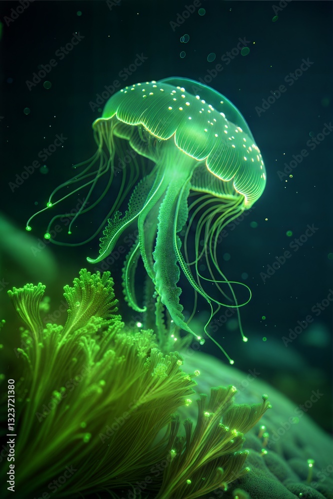 Fototapeta premium Translucent green jellyfish drifting gracefully in the depths alongside vibrant sea flora