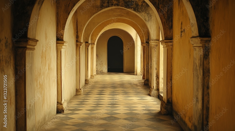 A mysterious ancient corridor with arched passageways bathed in golden light, inviting exploration and storytelling. A mysterious ancient corridor with arched passageways bathed in golden light, inviting exploration and storytelling.