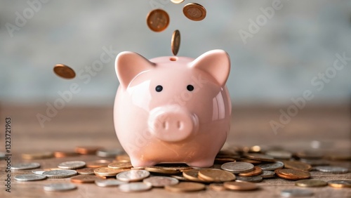 financial benefits budget optimization concept. A piggy bank surrounded by coins, signifying savings and finance.