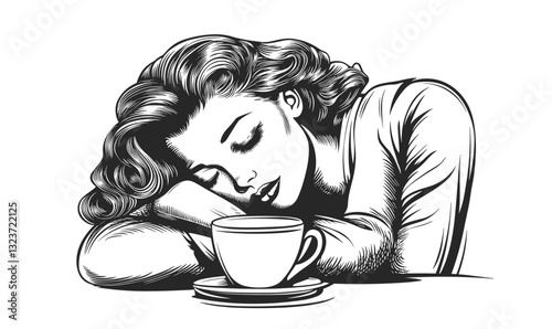 Sleepy woman resting with coffee cup, black and white linear icons set, vector.