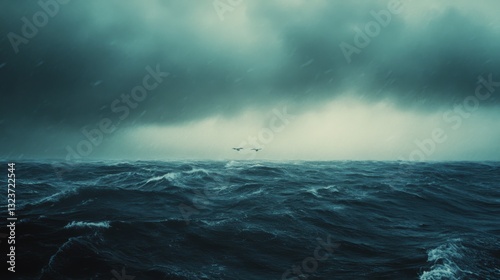 Over a stormy sea, rugged waves contrast against a moody, cloud-laden sky, evoking the power and majesty of nature's untamed forces.