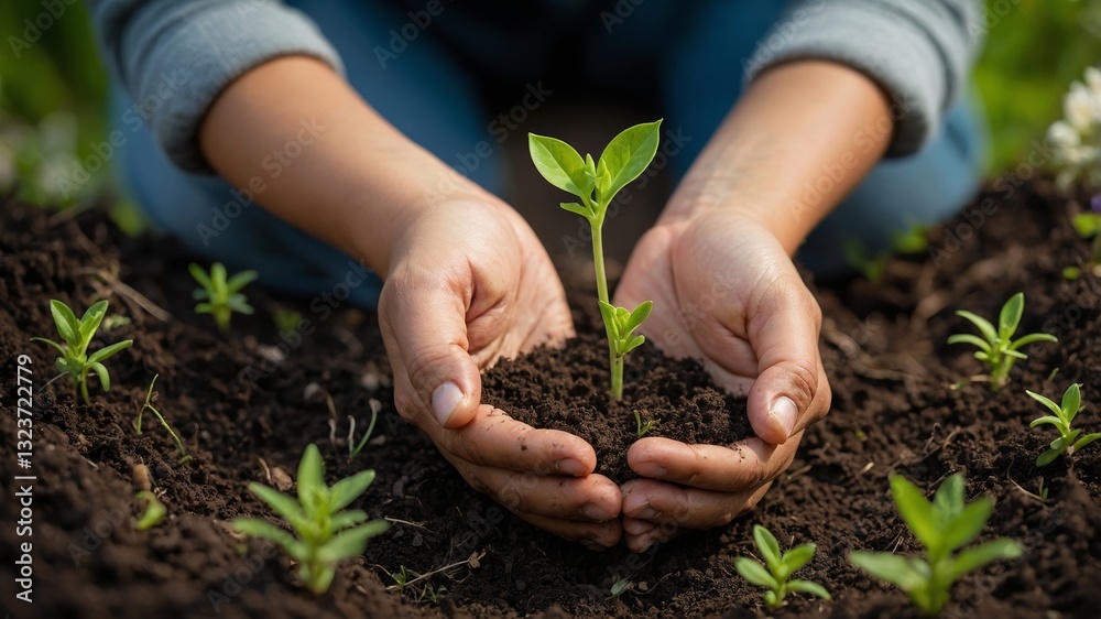 Nurturing new life, A person carefully holds a small plant seedling Nurturing new life, A person carefully holds a small plant seedling